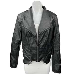 City Chic Women's Black Faux Leather Vegan Full Zip Biker Moto Coat Jacket Sz S